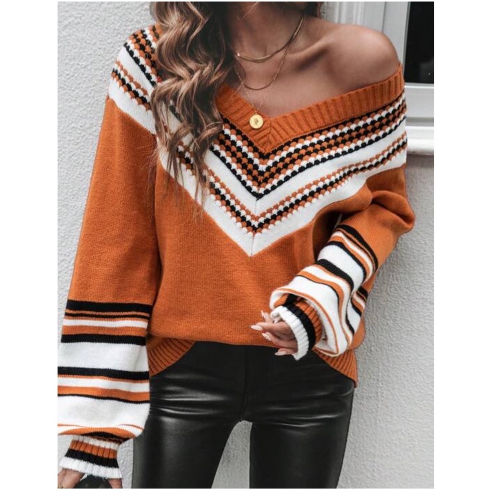Cozy Orange V neck Striped Oversized Sweater Top